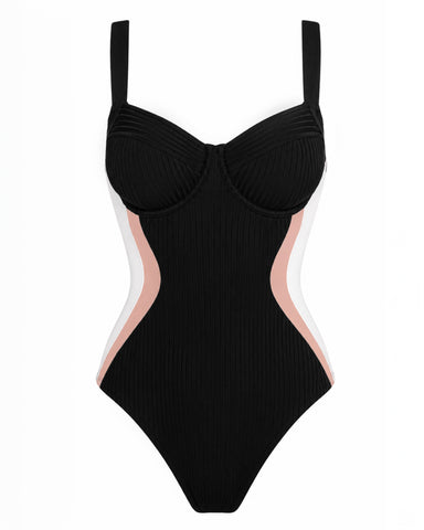 Model in Brazilian Siren - Contour Rib Black/Rose/White back view