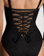 Close up back view of Bombshell - Lace Black on model
