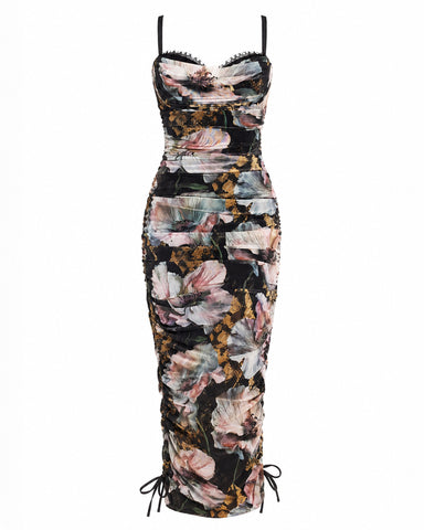 Three quarter back view of Sweetie Mesh Column Dress - Adjustable Mystic Poppy on model