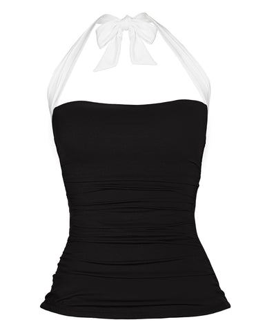 Outline image of Ruched Square Neck Tankini - Black/White front