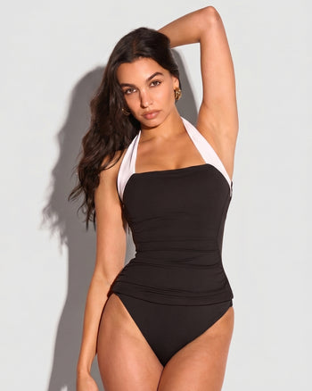 Model in Ruched Square Neck Tankini - Black/White front view 