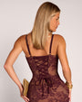 Close up back view of model wearing Seamed Lushy Midi Dress - Lace Garnet/Tawny
