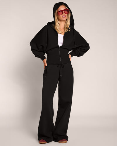 Full body front view of model wearing Croissant Fleecey - Black