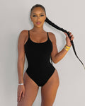 Model wears Lacey One Piece Open Back Sculpting Shapewear Swimsuit - Black full front view